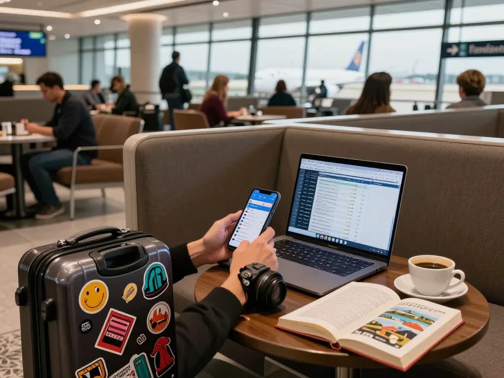 Travel enthusiast planning adventures with 789P flights in a bustling airport.
