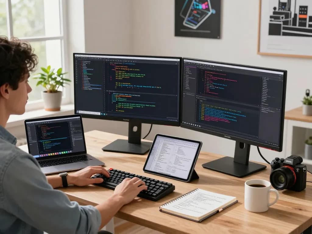 MoltBot AI Assistant in a tech workspace, developer coding with dual monitors and modern gadgets.