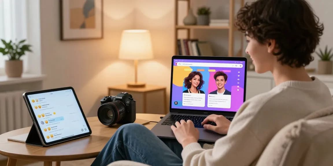 A person engaging in an ai sex chat on a laptop in a cozy, well-decorated room, smiling and interacting with AI characters.