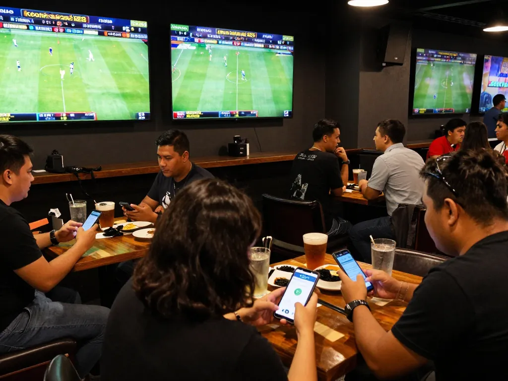 Fans engaged in sports betting excitement using the keonhacaii88 app at a lively sports bar
