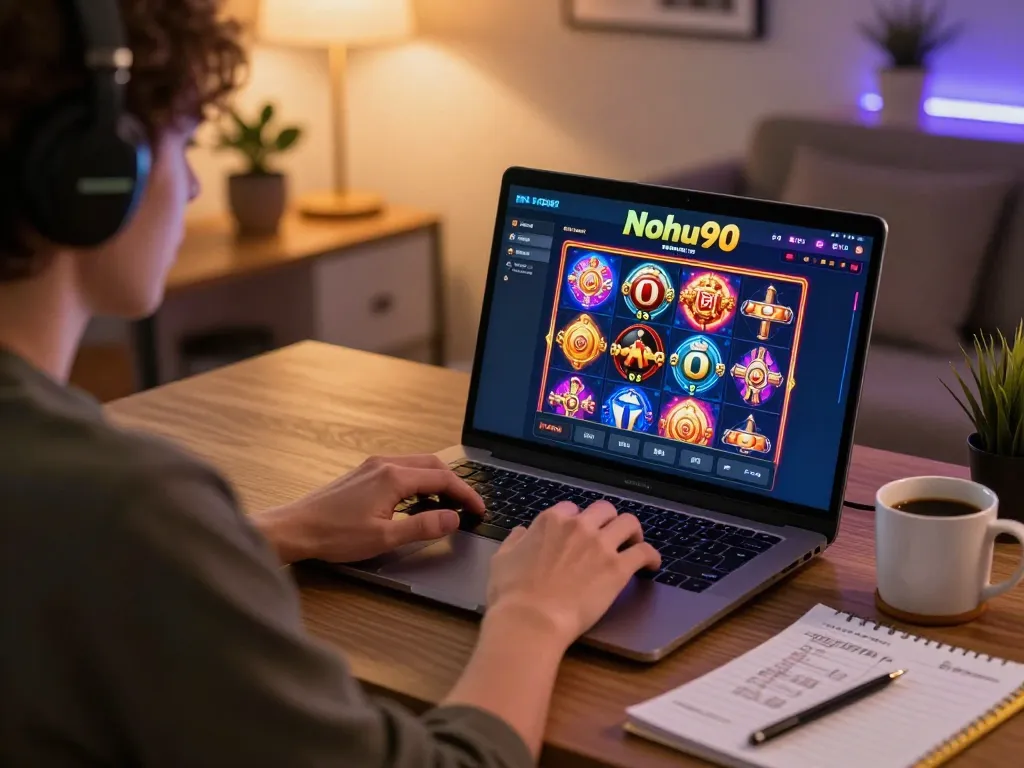 Nohu90 player engaging with online casino slot games at home, showcasing responsible gaming environment.