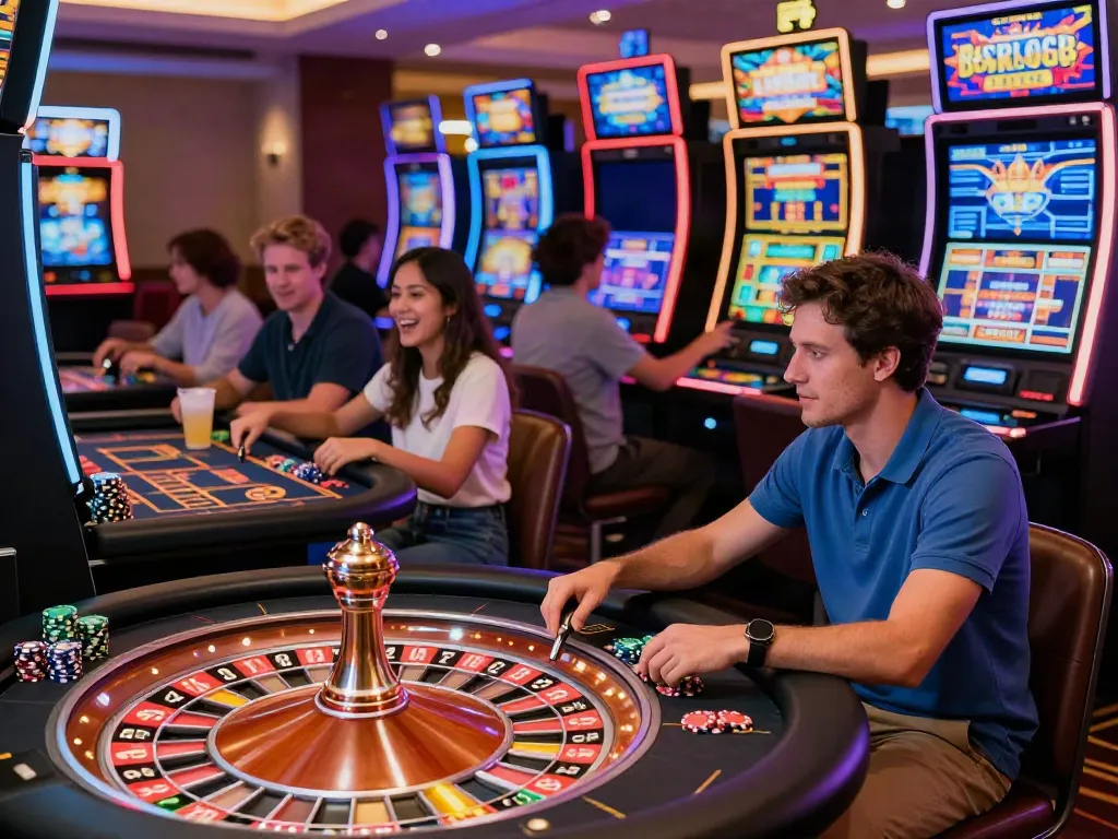 Exciting scene of a casino not on Gamstop with players engaged in roulette and slot machines, showcasing a lively gaming atmosphere.