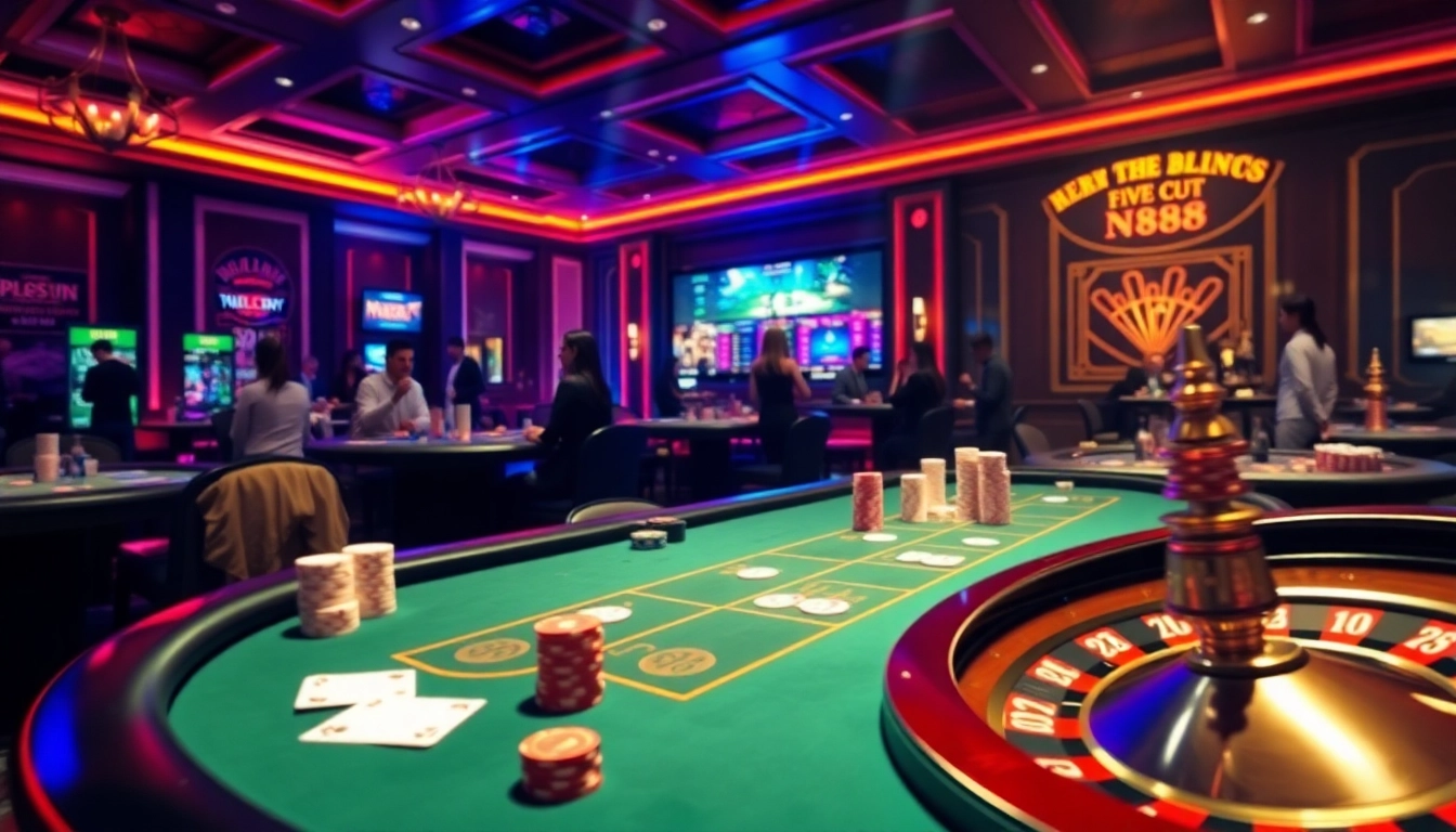 Experience thrilling games at nk88, featuring poker tables, roulette wheels, and vibrant casino ambiance.