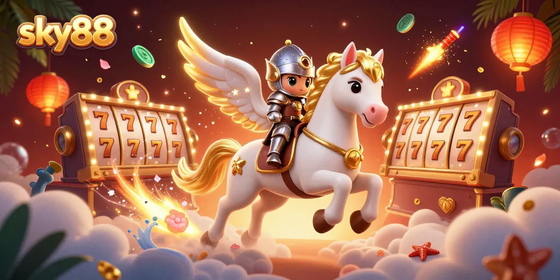 Experience the thrilling adventures at sky88 with an energetic casino-themed scene depicting a magical galloping horse.