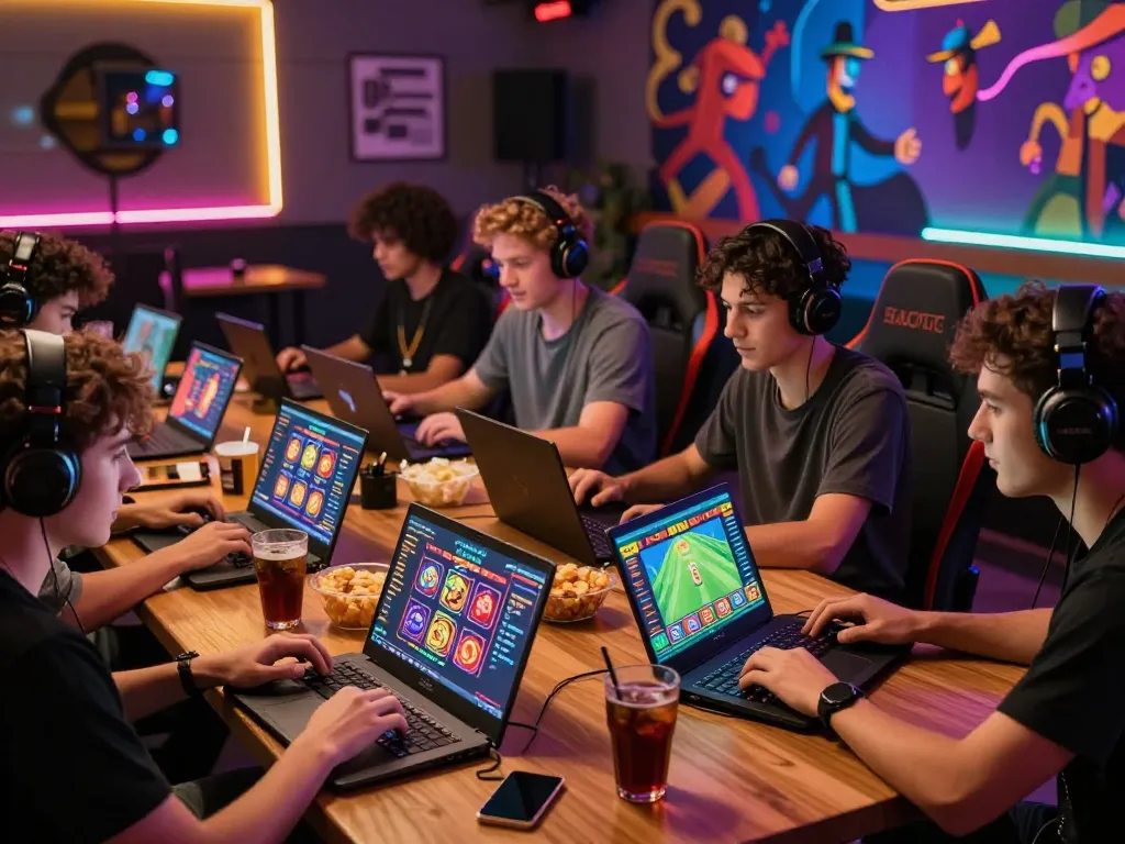 Exciting gaming environment featuring friends engaged in online games at https://open88.supply/, showcasing colorful interfaces and snacks.