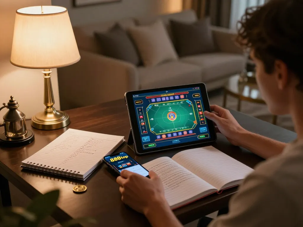 Engaging with the 888top online casino app in a stylish home setup, focusing on strategic gameplay.