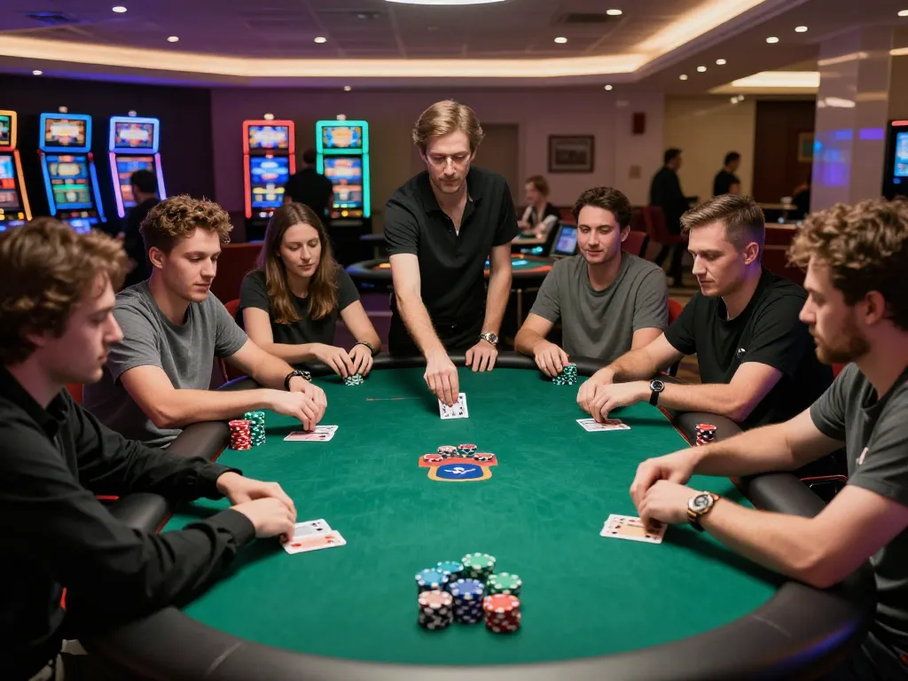 Players engage in a competitive sc88 poker game at a luxury casino table, showcasing excitement and strategic gameplay.