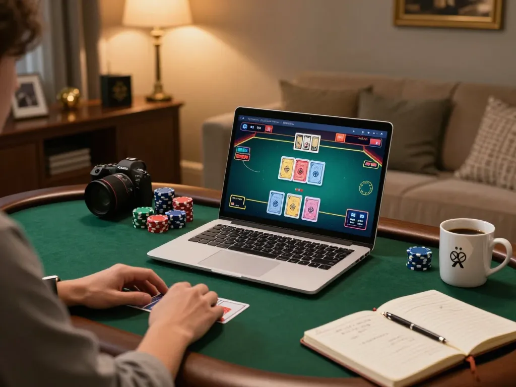 Engaging in online poker gaming at home with 88clb, showcasing strategy notes and a sleek laptop.