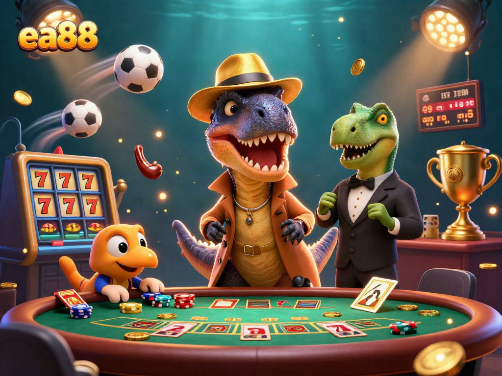ea88 showcases a thrilling moment in casino action with cartoon velociraptor countering blackjack moves.