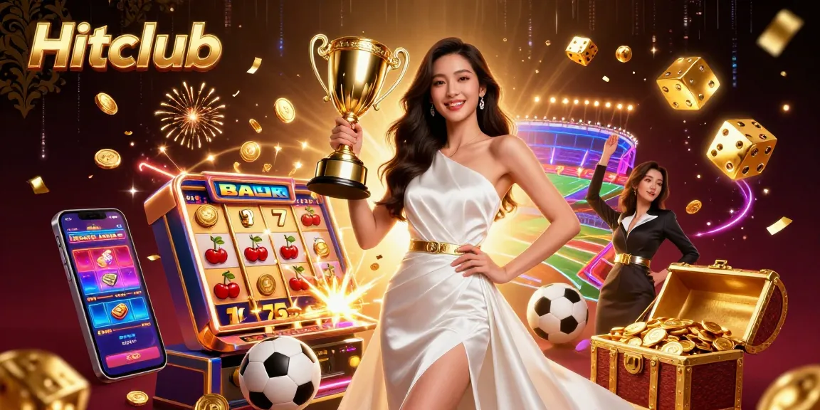 Hitclub showcases a triumphant Asian woman holding a trophy among dynamic casino elements and sports betting motifs.