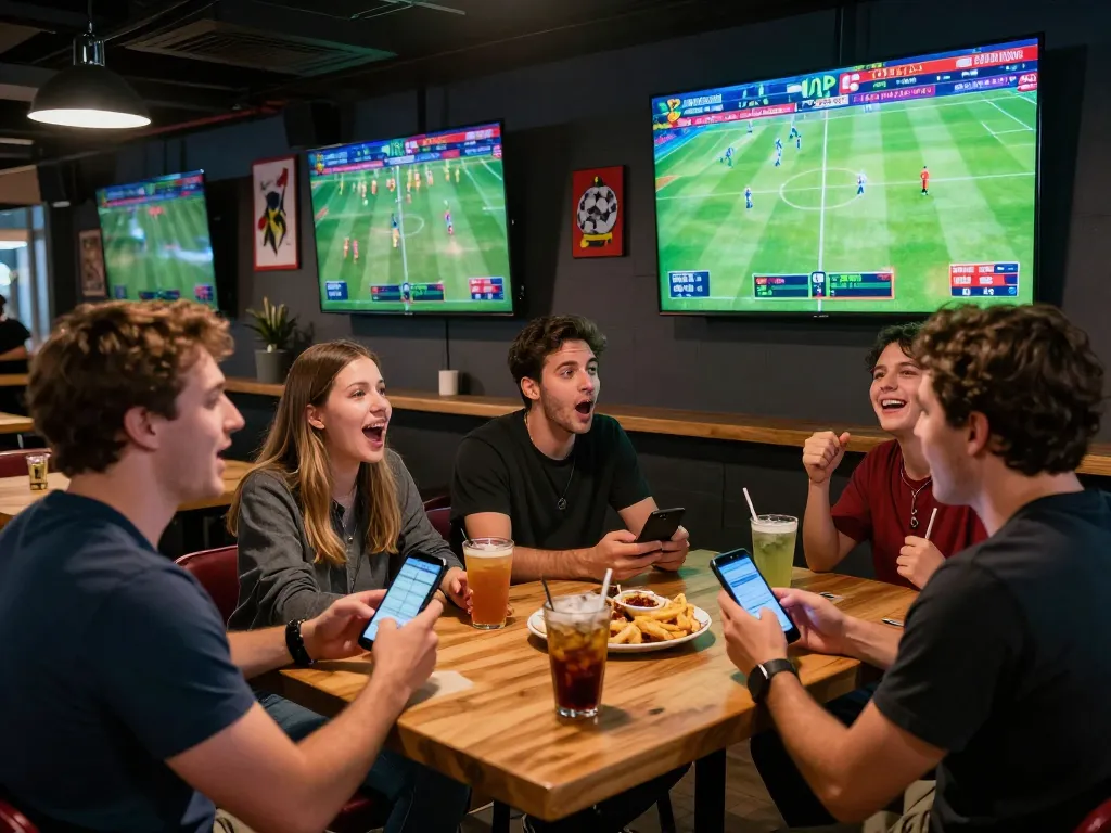 Friends engaging in exciting sports betting action on mobile devices at tylekeonhacai88 viewing a live soccer match.