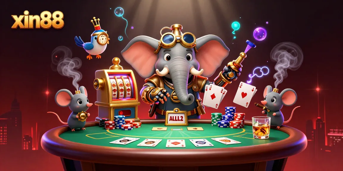 Experience the excitement of xin88 as a steampunk elephant engineer operates a magical slot machine in a dynamic casino illustration.