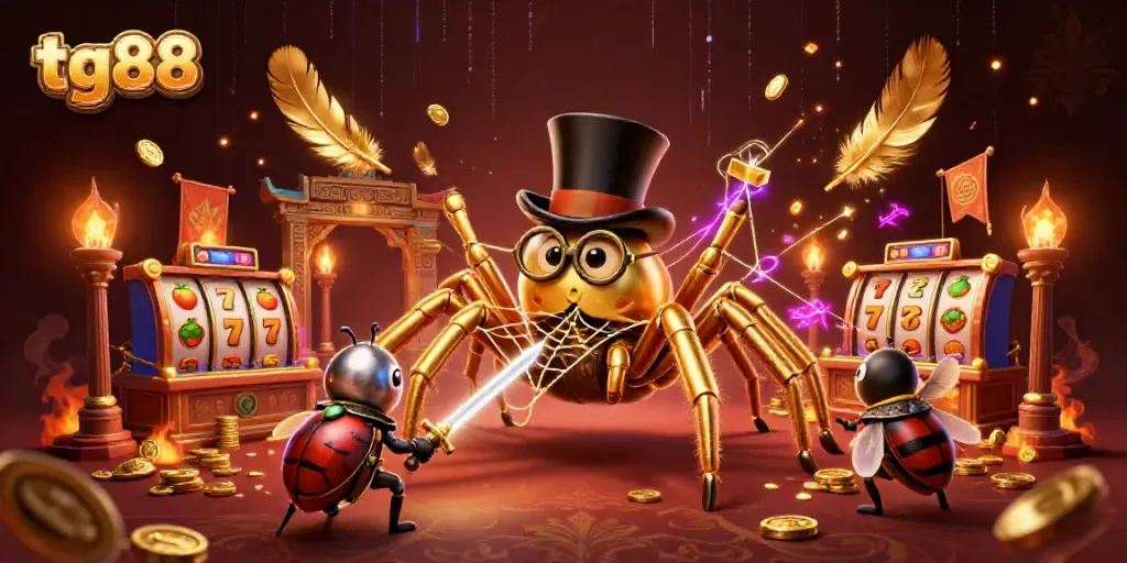 Experience tg88 excitement with a golden tarantula, beetle knight, and vibrant casino elements.