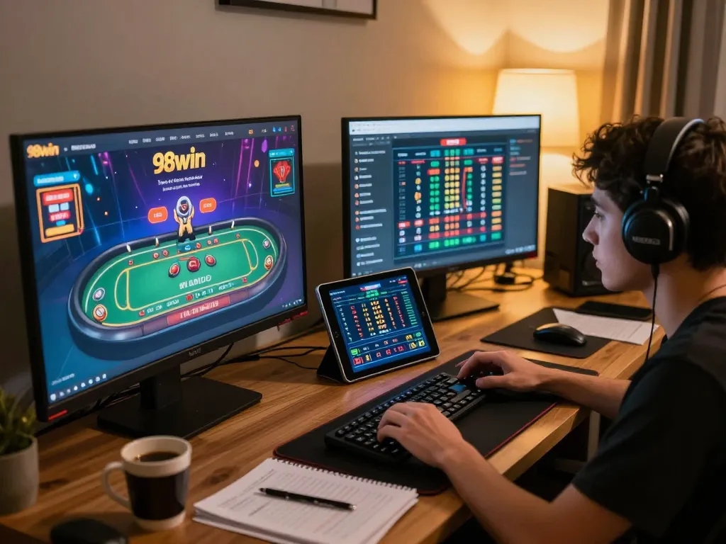 Experience the excitement of 98win gaming on multiple screens, showcasing live dealer action and engaging gameplay.