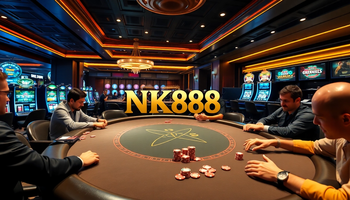 Excited players enjoying bets at NK88's luxurious casino poker table.