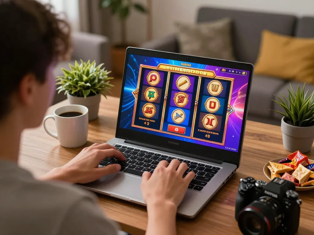 Engaged player enjoying Slot Malaysia games on laptop in cozy home setting.