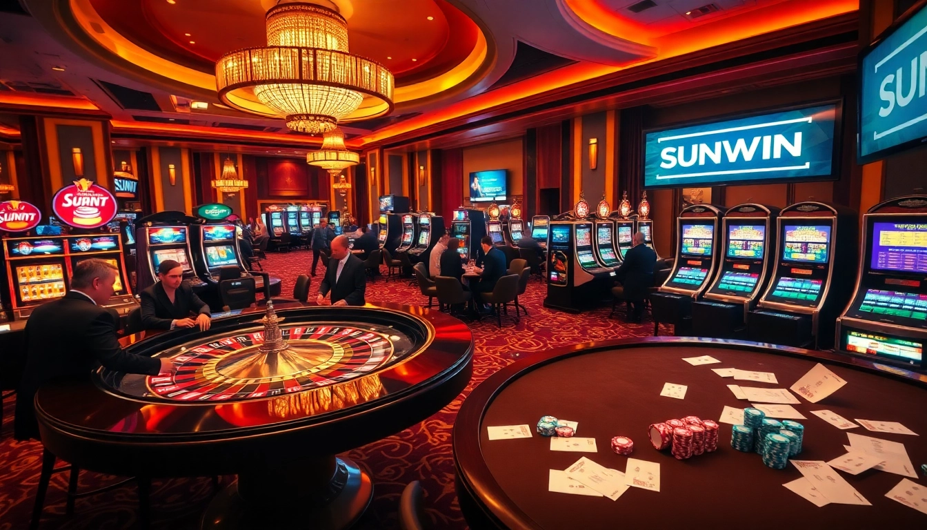 SUNWIN casino scene with players engaged at a roulette table and vibrant slot machines all around.