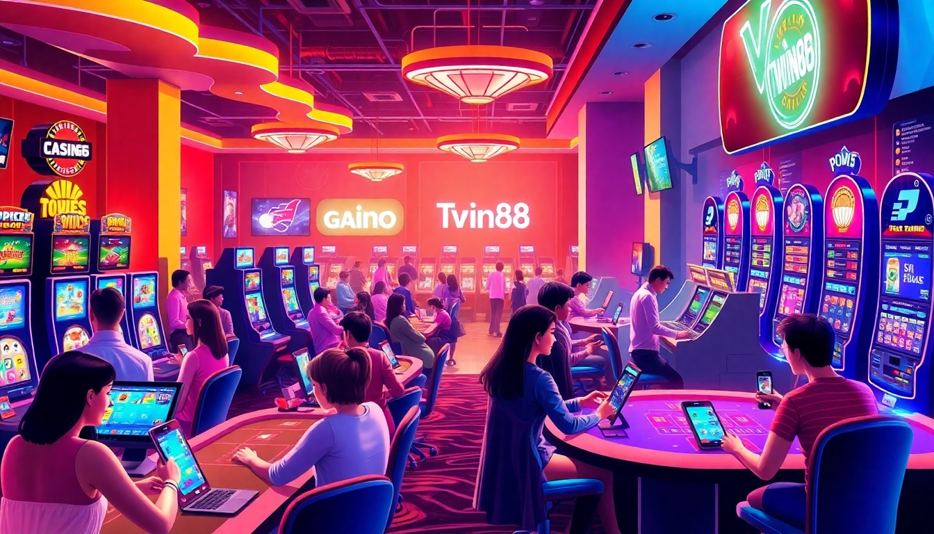 Twin68 online gaming platform showcasing a vibrant casino atmosphere with players engaging in various games.