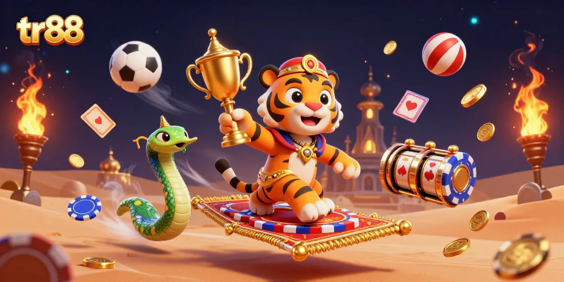 Win big with tr88 in this vibrant 3D casino illustration featuring a sultan and casino elements.