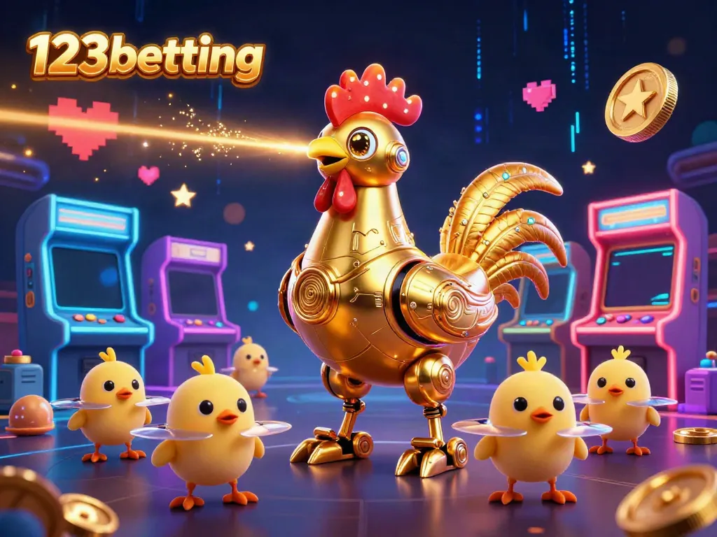 Engage with 123betting in a vibrant 3D gaming scene bursting with neon colors and interactive elements.