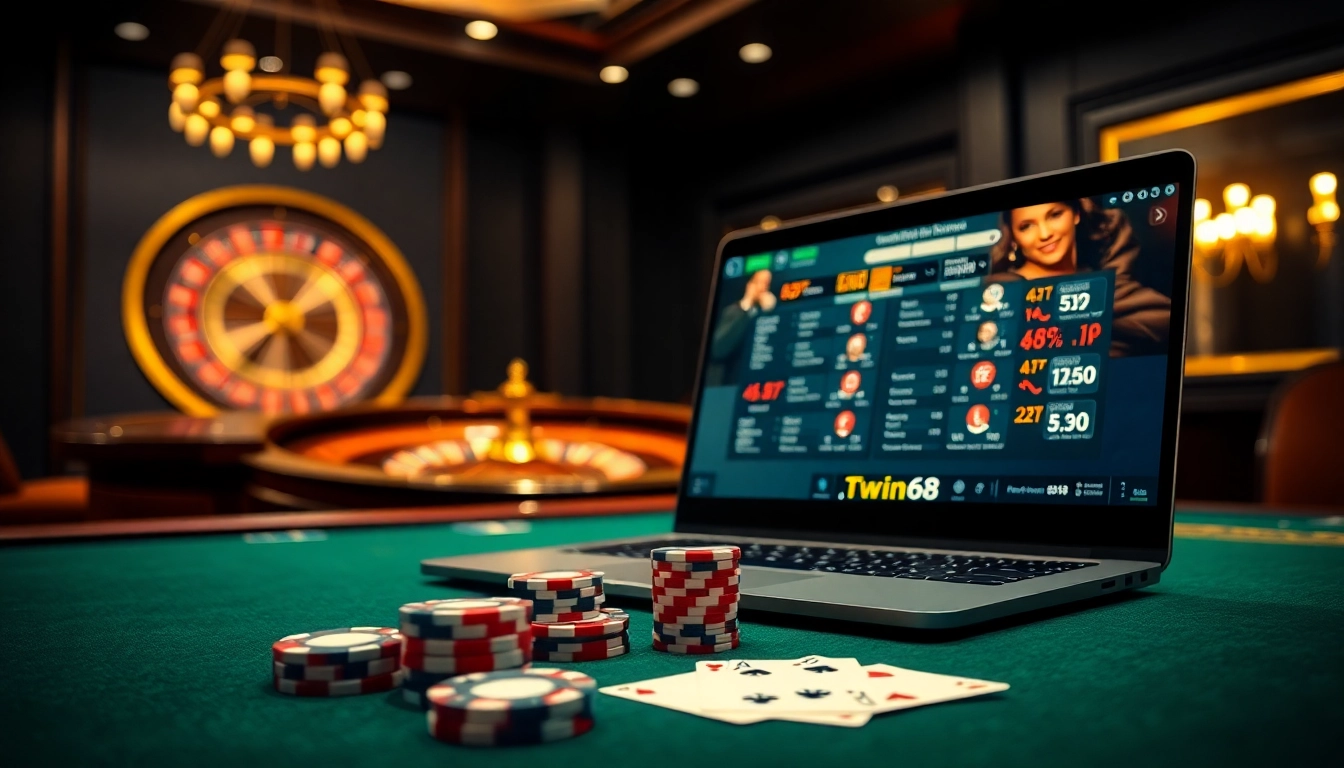 Twin68 online casino gaming action with poker chips, cards, and a roulette wheel.
