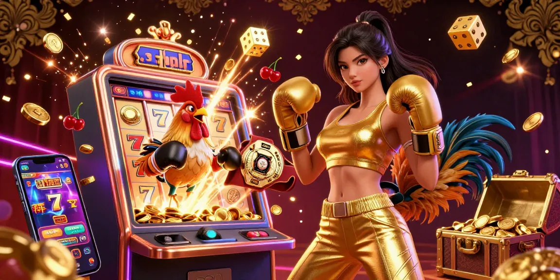 SboBet sports betting scene with a cartoon rooster and a boxing woman, showcasing energetic casino elements.