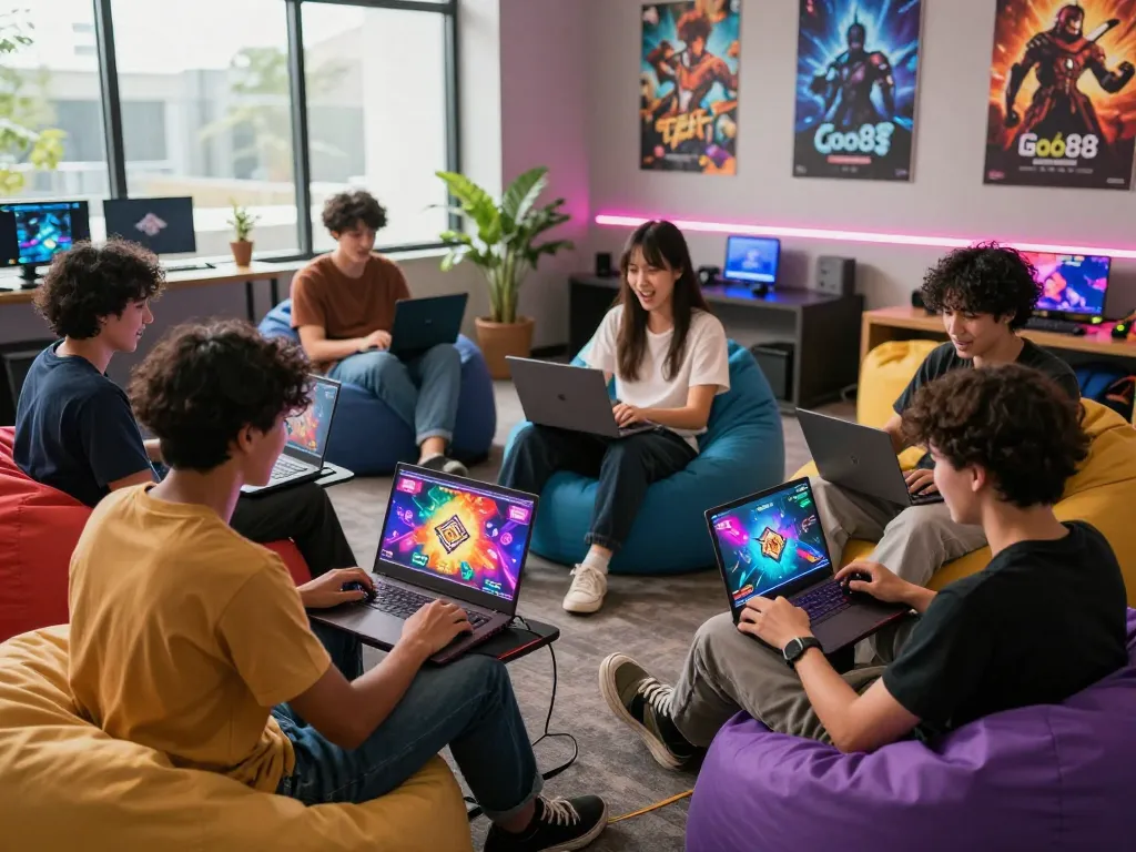 Young adults enjoying game bài Go88 in a modern gaming lounge