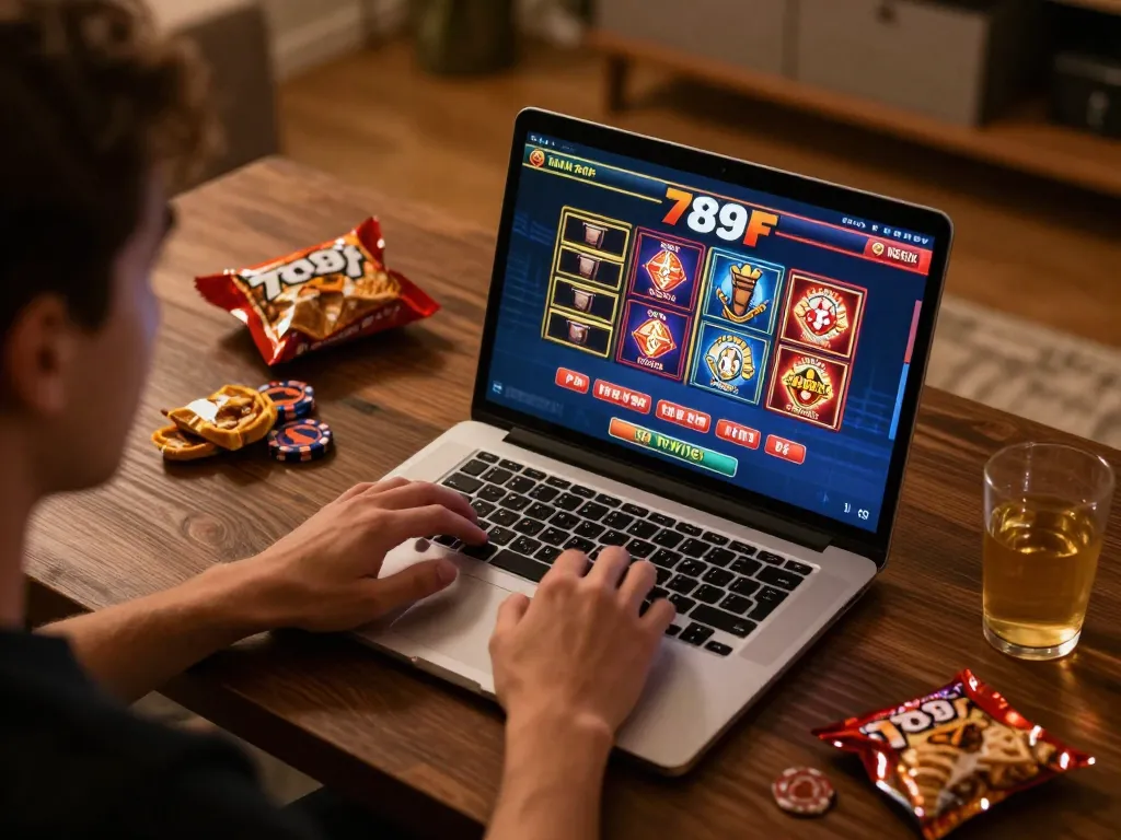 Engaging in online gaming at 789F, user focused on laptop with casino games in a cozy setup.