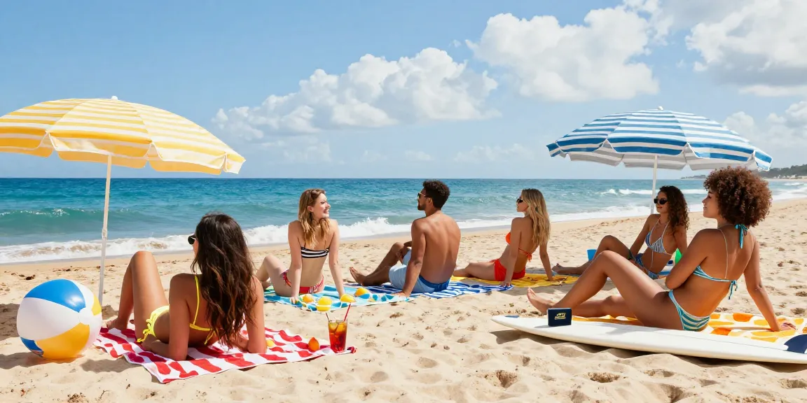 Friends enjoying a beach day wearing stylish BIKINISLOT swimwear under the sun with ocean views.