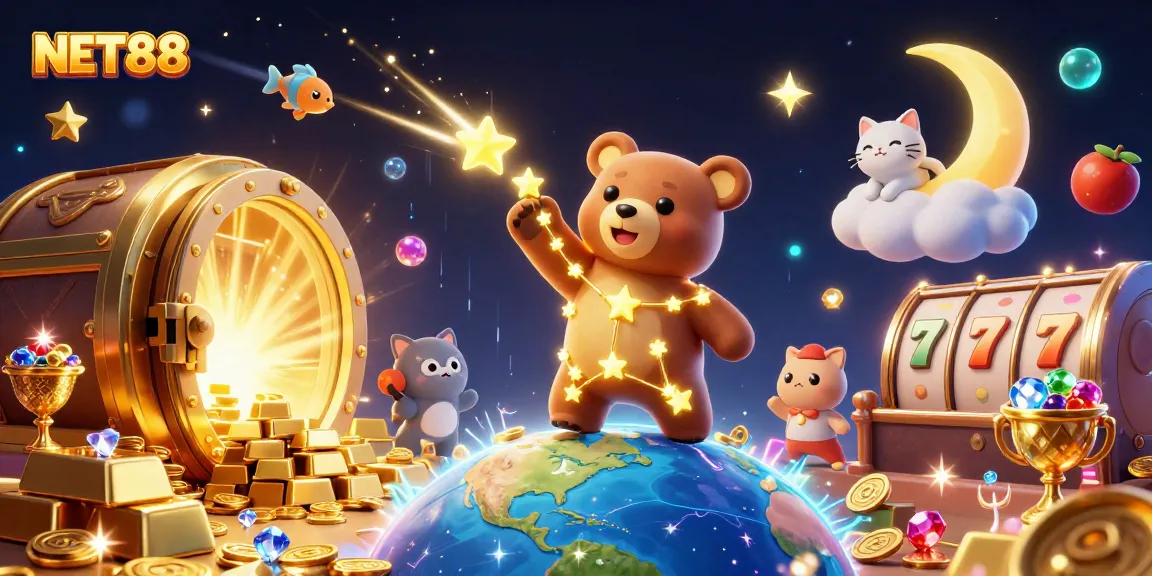 Engage with NET88’s exciting slots under a cosmic bear’s watchful gaze, amidst dazzling treasures.