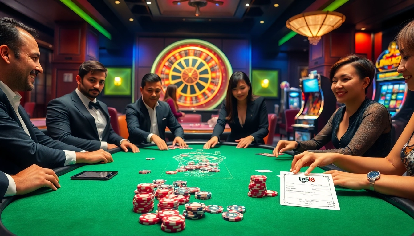 Experience the excitement of tg88 at a luxurious casino poker table with vibrant chips and players.