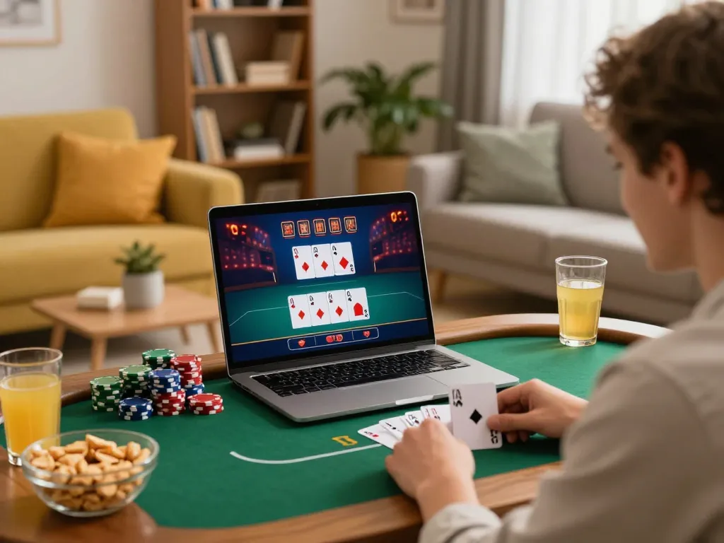Player enjoying an exciting poker game on 123bet from home, highlighting engagement and strategy in a cozy setting.