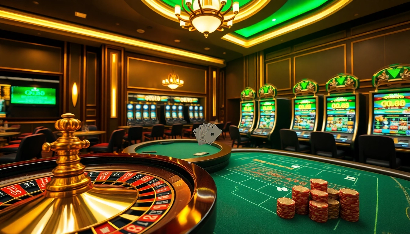 Engage with QQ88's thrilling online casino atmosphere through vibrant gaming tables and slot machines.