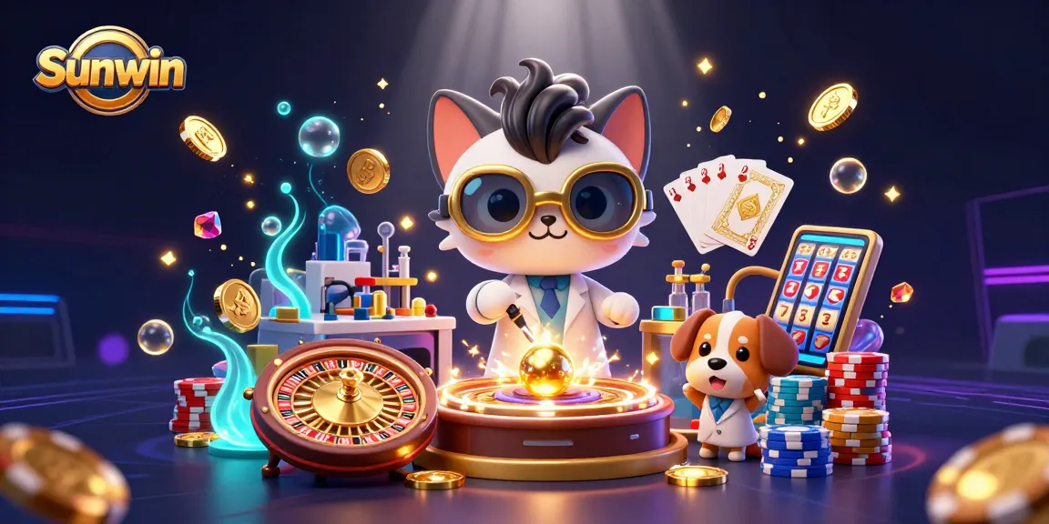 Sunwin thrills with slots and golden coins in an energetic casino lab scene.