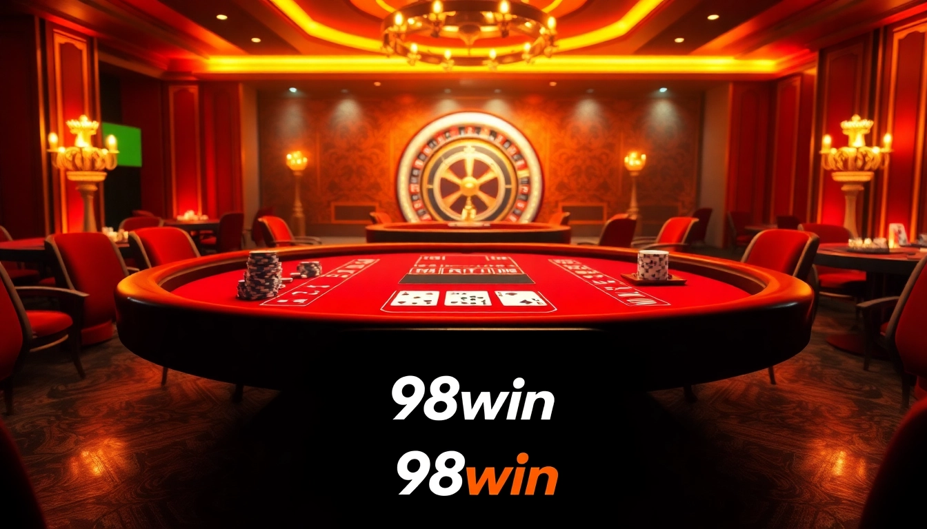 Engage with the thrilling poker atmosphere at 98win, featuring vibrant tables and luxury casino aesthetics.