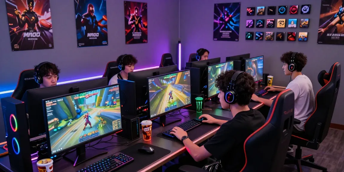 Group of gamers immersed in MMOO multiplayer online gaming with vibrant graphics and snacks.