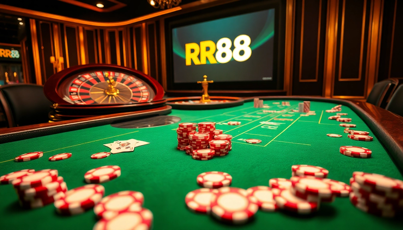 Experience excitement at RR88 casino with vibrant poker chips and cards in a luxurious setting.