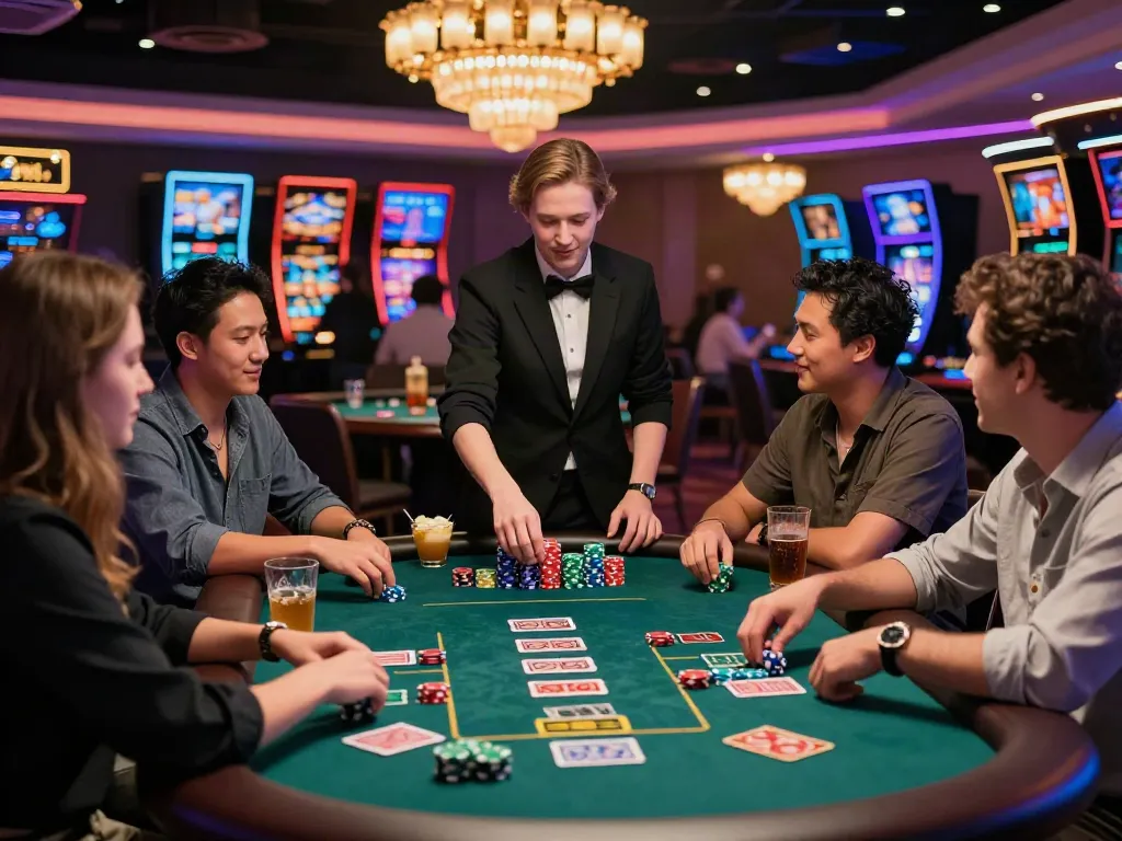 Casino not on GamStop scene with players engaging at vibrant gaming table.