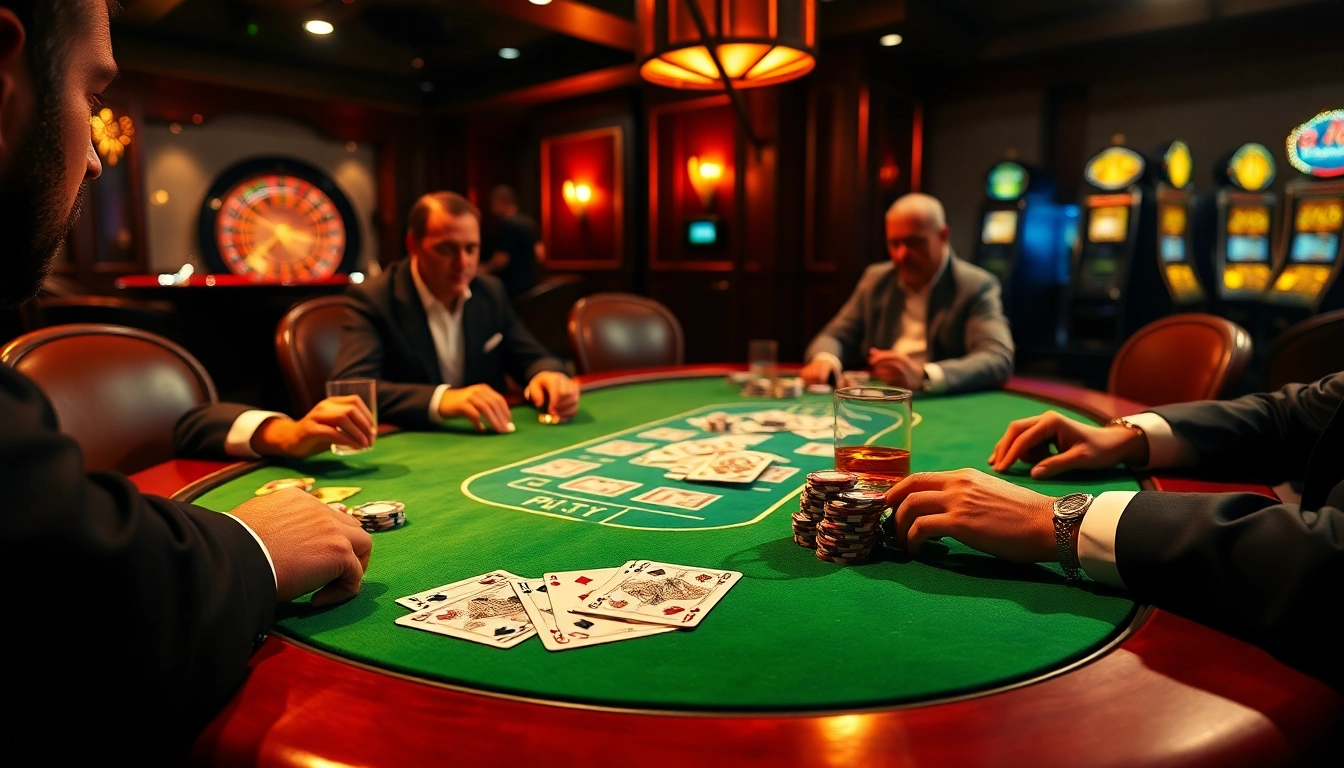 Players enjoying a high-stakes poker game with BDTK1-themed cards and vibrant casino elements.