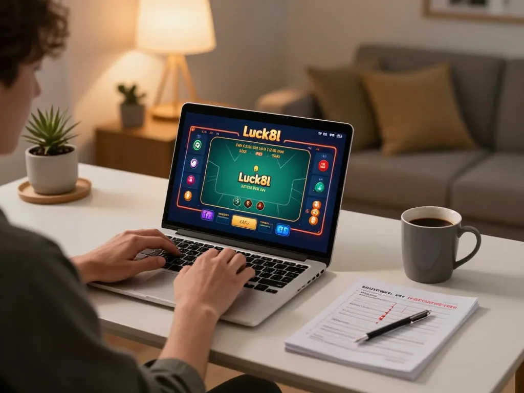Person playing online poker at home using luck8l, engaged in strategic betting.