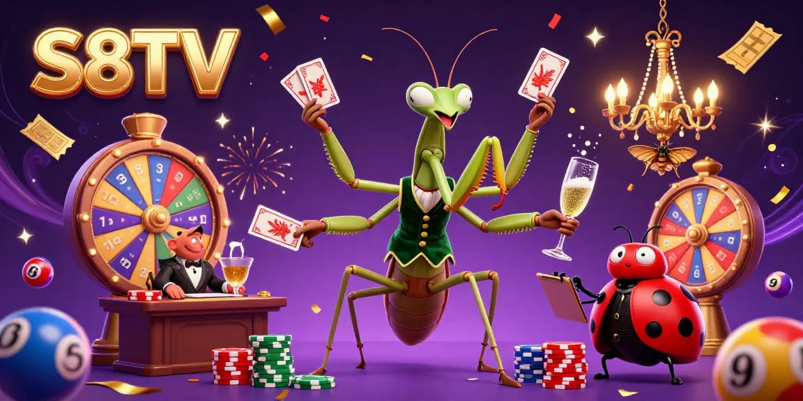S8TV presents a vibrant casino illustration with a giant mantis card sharp, colorful lottery balls, and festive effects.