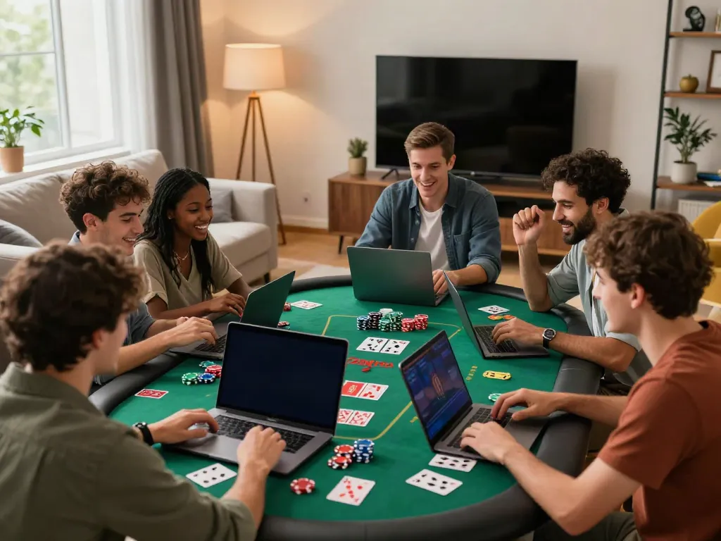 Group enjoying gaming at a casino not on GamStop in a cozy living room.