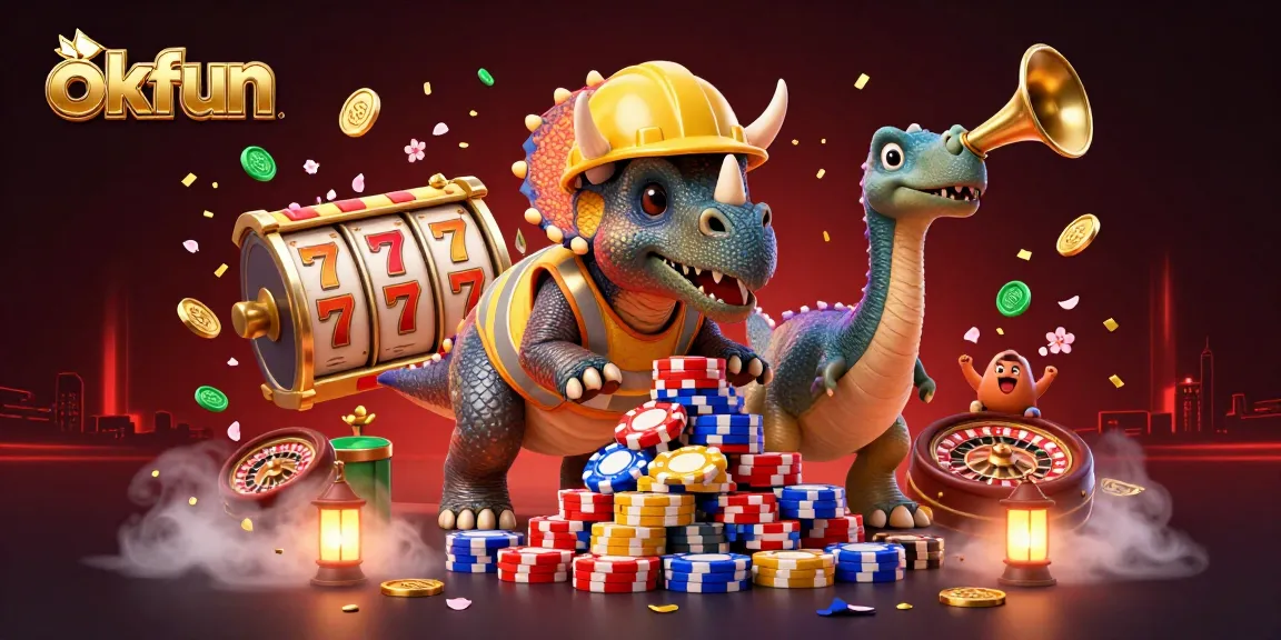 Experience okfun excitement as creatures celebrate with spinning slots and poker chips.