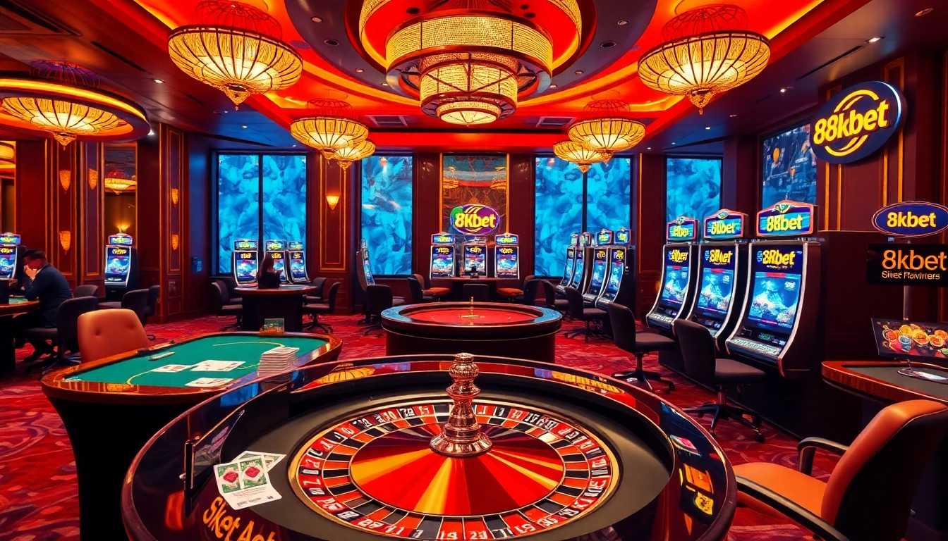 Players enjoy a thrilling game at 8kbet casino, showcasing vibrant cards and roulette for an exciting experience.