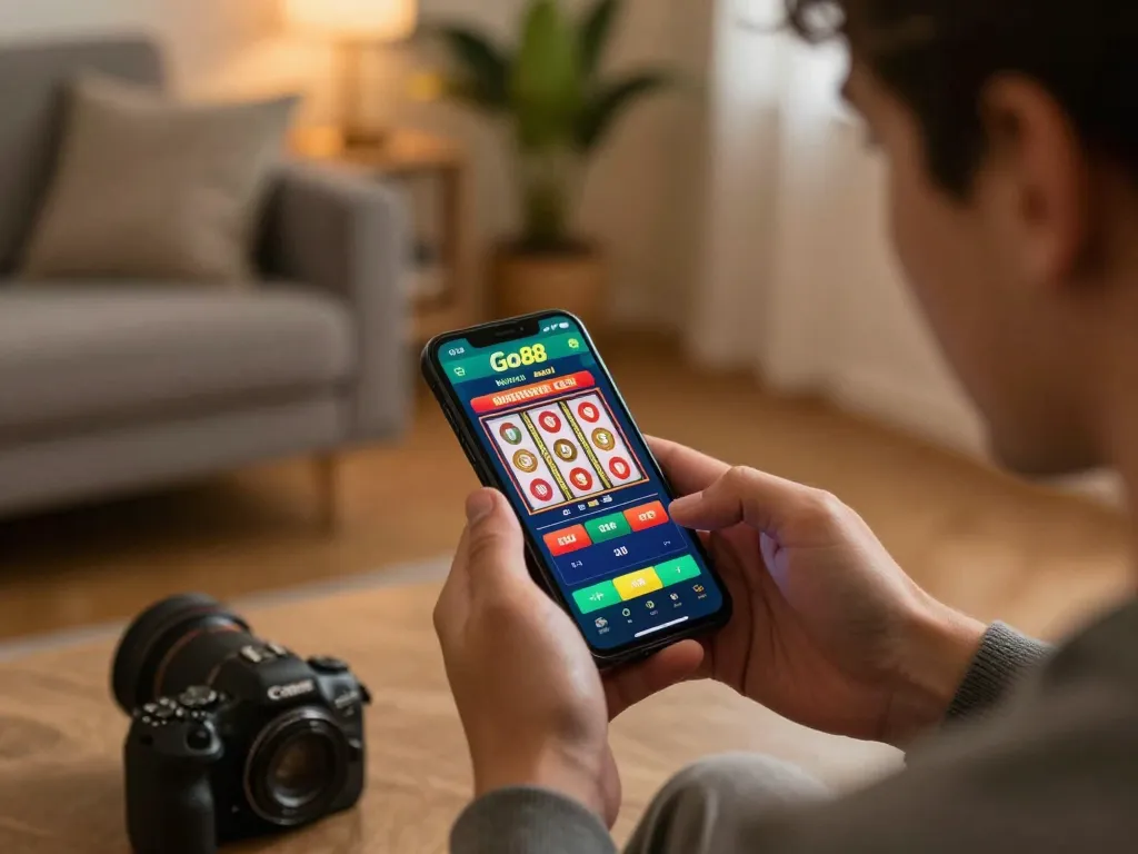 Engaging with Go88 on a smartphone for online gaming, showcasing vibrant app interface and excitement.