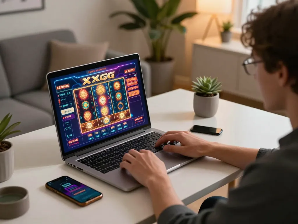 Player engaging in lively XXGG online casino gaming at home, screen showcasing exciting slots
