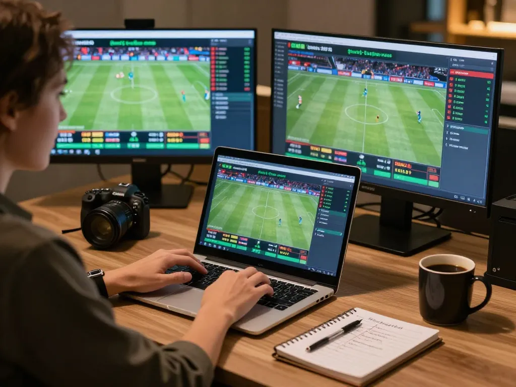 Engaging in strategic sports betting on kubet88 using a laptop setup, showcasing live games and odds.