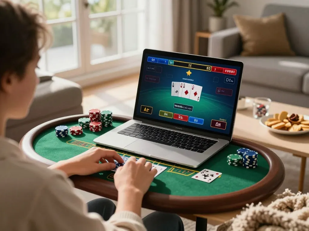 gbong enthusiast engaging in an online blackjack game from a cozy living room setup.