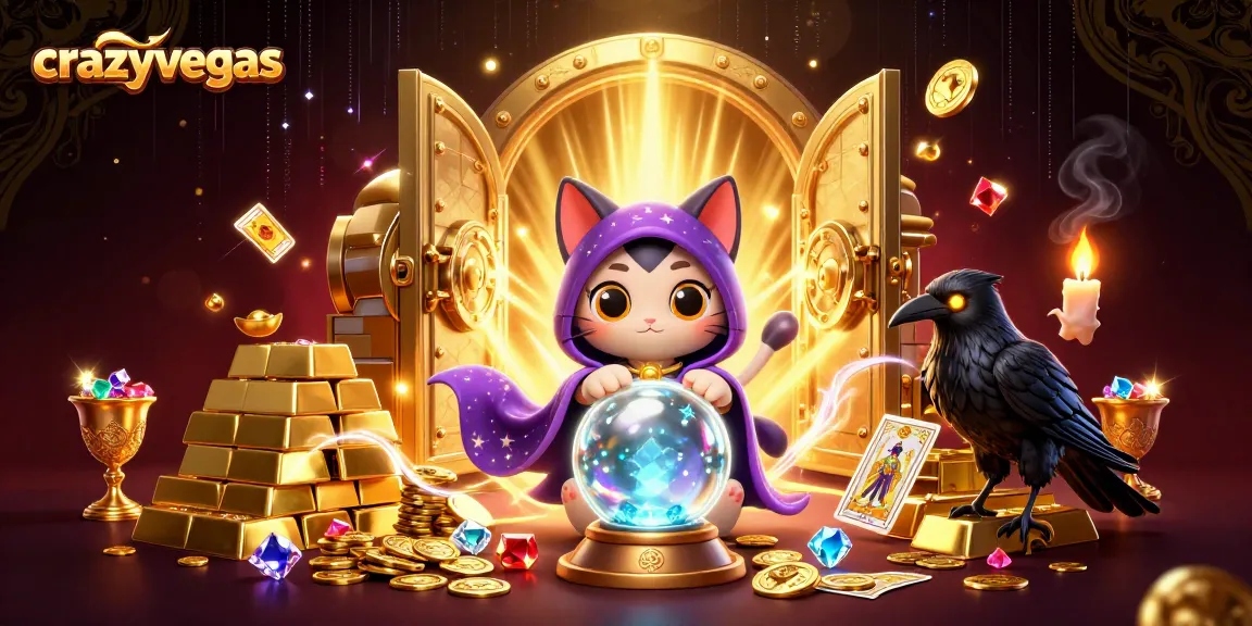 Experience the magic of crazyvegas with a mystic cat and glowing raven amidst treasure and jewels.