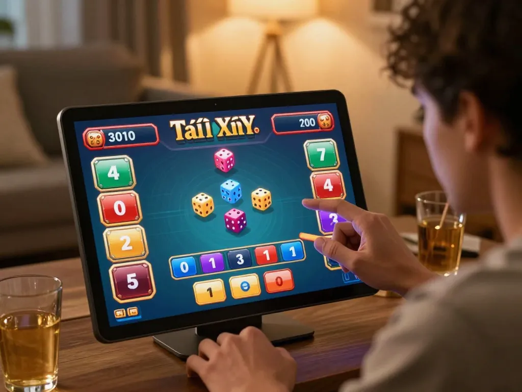 Tài xỉu online gameplay shown on smartphone with vibrant dice interface in a cozy setting